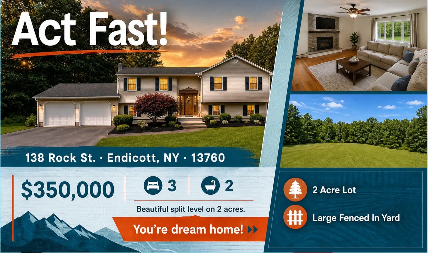 The finished advertisement: the enhanced exterior photograph across the top left, the living room and the rear lawn down the right, with the address, the price and the property features set around them.